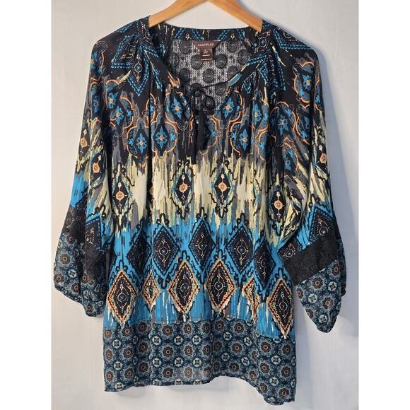 Multiples Women's Multicolor Italian Tile Print Split Neck Long Sleeve Top Large - Picture 1 of 6